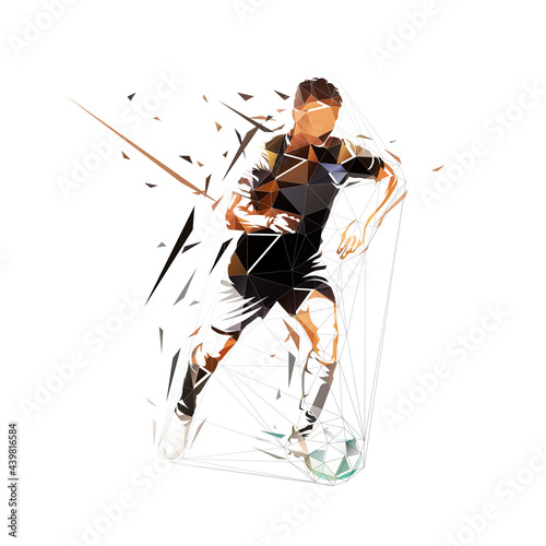 Soccer player running with ball, low polygonal footballer, isolated vector silhouette. Geometric drawing from triangles. Front view