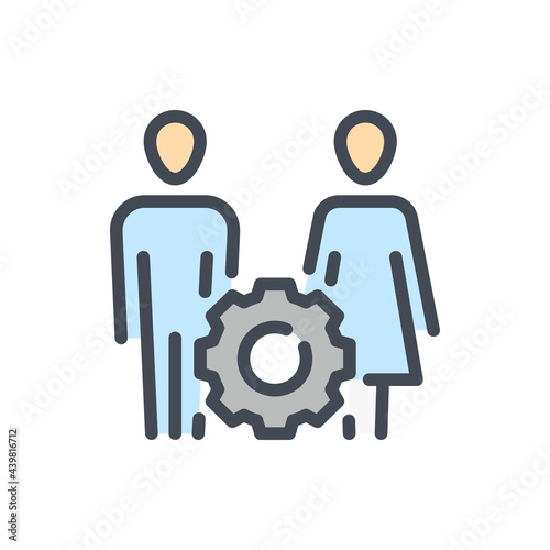 Family management and Personal assistance service color line icon. Two people, a man and a woman, with gear vector outline colorful sign.