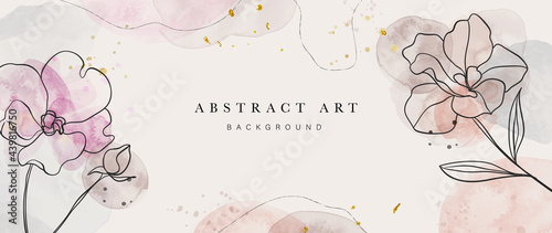Abstract art background vector. Luxury minimal style wallpaper with golden line art flower and botanical leaves, Organic shapes, Watercolor. Vector background for banner, poster, Web and packaging.