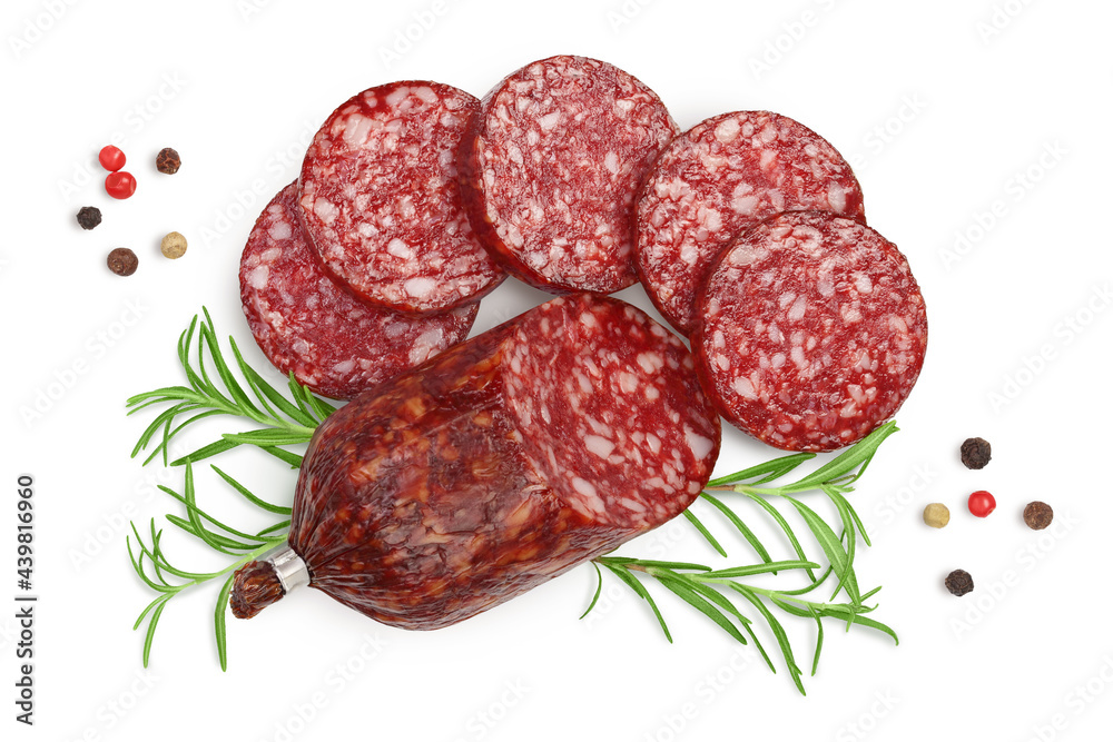 Smoked sausage salami with slices isolated on white background with clipping path and full depth of field. Top view. Flat lay