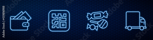 Set line Candy, Wallet with money, QR code and Delivery cargo truck. Glowing neon icon on brick wall. Vector