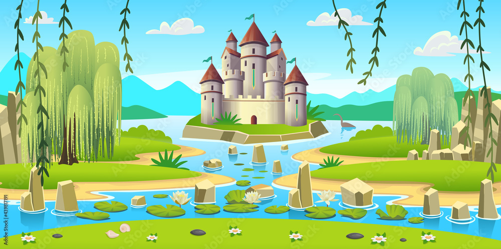 Landscape with islands, mountains and a  background with lots  of toys and playground for  concept of a children's playroom,  birthday, kids club, kindergarten, school Stock Vector | Adobe Stock