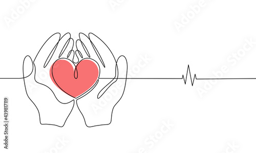 Human hands hold a heart in line art style on white background. Hope and kindness concept, cardiology, volunteering and donation. Vector stock illustration.  photo