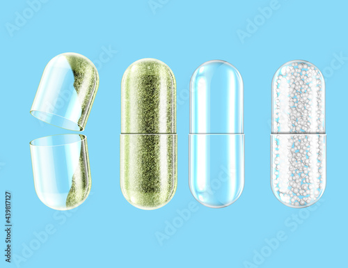Transparent capsules empty and with granules Herb capsule, nutritional supplement. Vector photo