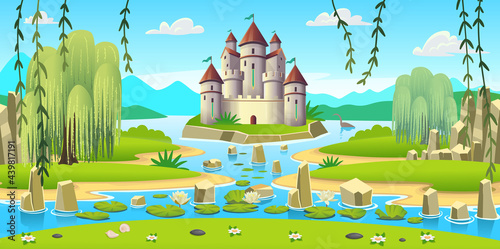 Landscape with islands, mountains and a river.Cartoon background with lots of toys and playground for kids.The concept of a children's playroom, birthday, kids club, kindergarten, school