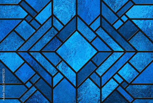 Sketch of a blue stained glass window. Abstract stained-glass background. Grey colors. Art Deco decor for interior. Vintage. Geometric traditional pattern. Squares and lines. Luxury modern interior. photo