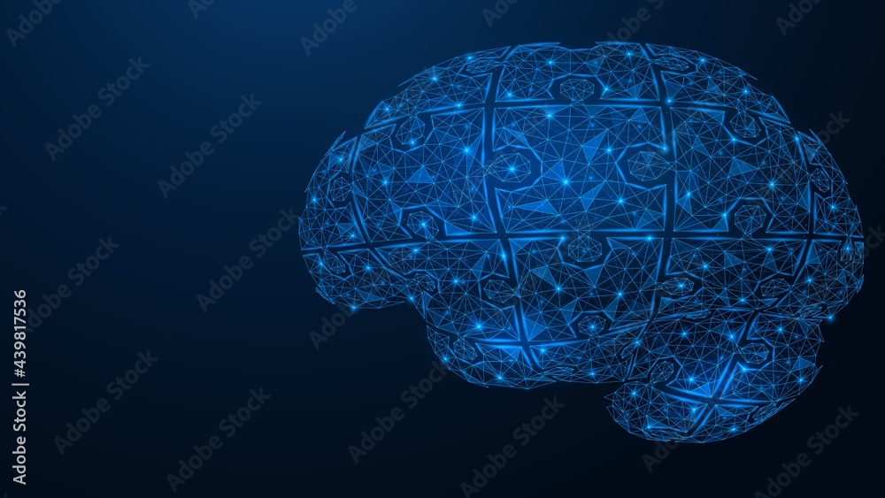 The human brain consists of puzzles. Polygonal construction of lines and points. Blue background. The human brain consists of puzzles. Polygonal construction of lines and points. Blue background.