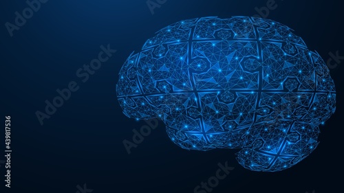 The human brain consists of puzzles. Polygonal construction of lines and points. Blue background.