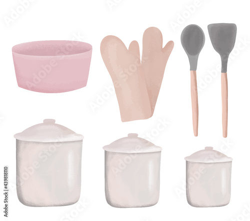 Kitchen accessories set, cooking, bulk food storage cans, kitchen utensils collection, modern flat style, vector illustrations, texture drawings, pink shades, isolated on a white background