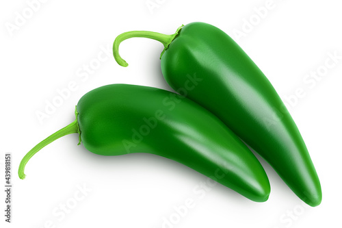 sliced jalapeno pepper isolated on white background. Green chili pepper with clipping path. Top view. Flat lay photo