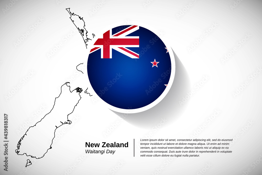 Waitangi day of New Zealand. Creative country flag of New Zealand with outline map illustration