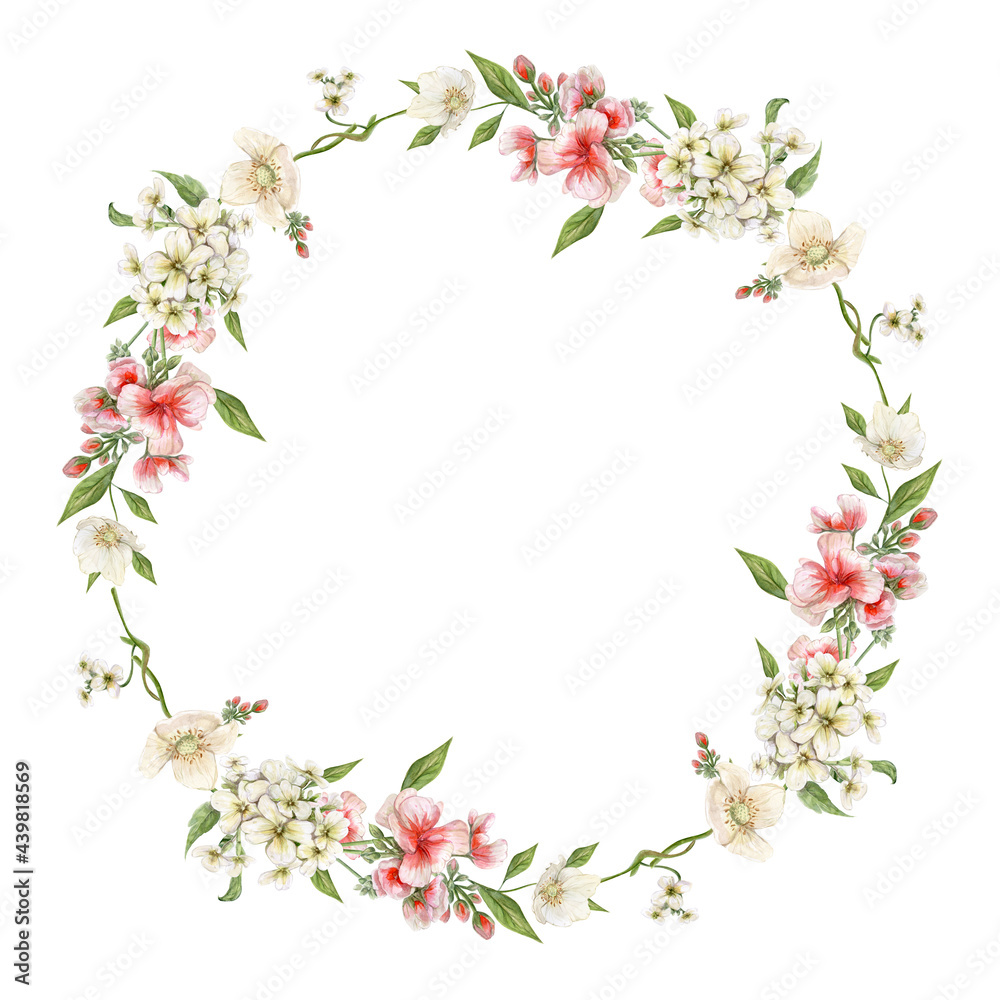 Tender Wreath - Watercolor flowers of summer gardens, meadows. for textile print or wallpaper design, an invitation for a wedding, card design. Romantic vintage mood.