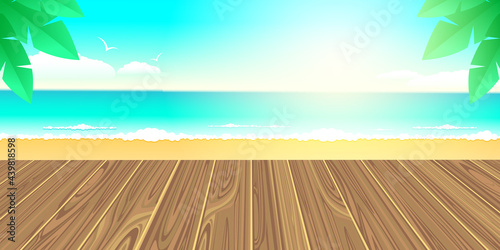 Sea and sandy beach, blue sunny sky, wooden deck floor. Summer vacation concept, travel. Vector stock illustration. 