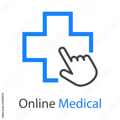 Logotipo con texto Online Medical con cruz y mano como cursor de mouse con lineas en color azul y gris