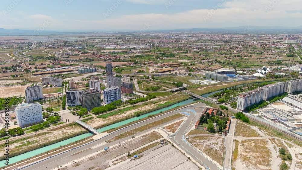 Valencia: Aerial view of famous city in Spain, modern city part, sunny with blue sky - landscape panorama of Europe from above Valencia: Aerial view of famous city in Spain, modern city part, sunny with blue sky - landscape panorama of Europe from above