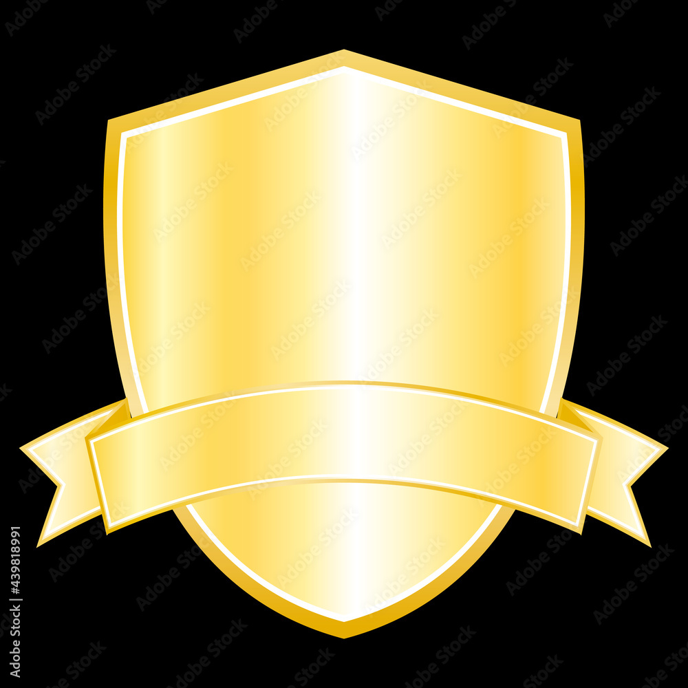Golden shield with banner. Vector icon illustration.
