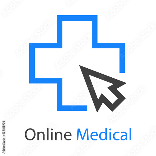 Logotipo con texto Online Medical con cruz y flecha de mouse con lineas en color azul y gris