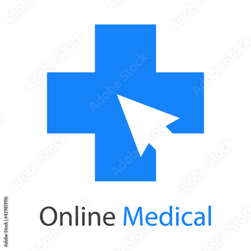 Logotipo con texto Online Medical con cruz y flecha de mouse en color azul