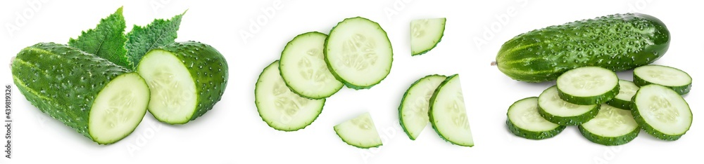 Sliced cucumber isolated on white background. Set or collection Sliced cucumber isolated on white background. Set or collection