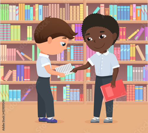 Children standing in library or bookstore together, kids study vector illustration. Cartoon character holding book, student boy helping friend to do homework, learning difficulties problems background