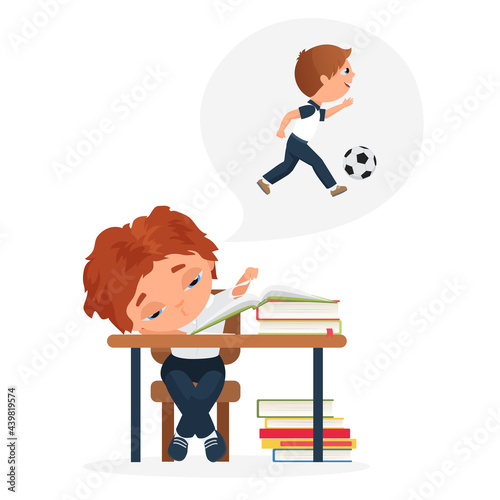 Children study hard, education problem of bored kid vector illustration. Cartoon tired boy child character sitting at school books and studying homework, dreaming of playing ball outdoors background