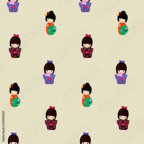 Set of cute Japanese Kokeshi Dolls. Seamless pattern with cute kawaii kokeshi dolls.