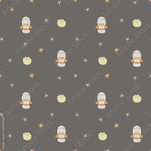 Vector seamless pattern with cute kokeshi doll. Japanese. Maneki neko, angel, star on dark background. 