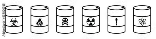 Barrel with hazardous substances. Vector illustration. Hazardous waste. Set of metal barrels.