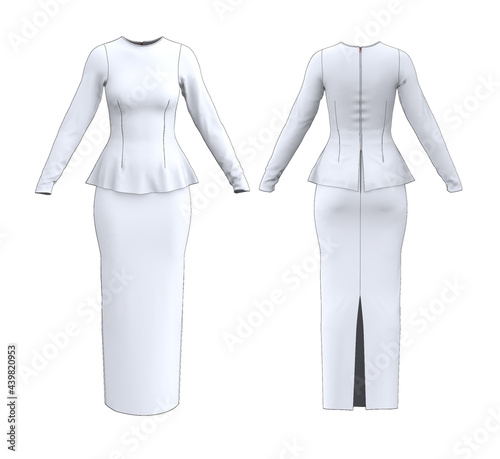 Fashion drawings black and white for Traditional Cambodian clothing are for wedding or evening wear. Fashion sketches are long skirt back split and long sleeves top with back zipper. 