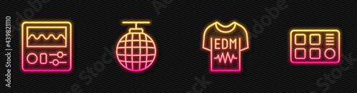 Set line T-shirt, Drum machine, Disco ball and . Glowing neon icon. Vector