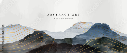 Mountain and sun Abstract art background vector. Luxury oriental style watercolor background with line art and brush texture. Wallpaper design for prints, cover, banner, wall art and home decoration.