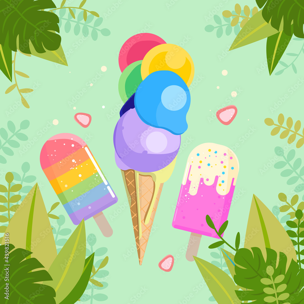 Naklejka premium Cute ice cream cone illustraion with leaves an plants for banner, flyer, social media post