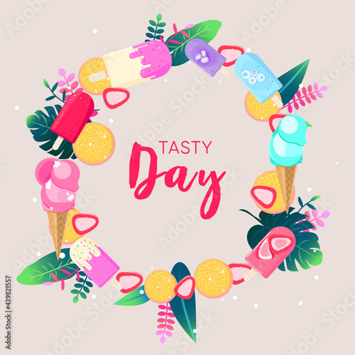Tasty Day. Summer sale banner with illustraions of ice cream cone  scoop  fruits  plants and leaves. Editable vector for banners  flyers and social media posts