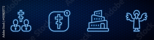 Set line Babel tower bible story, Priest, Online church pastor preaching and Angel. Glowing neon icon on brick wall. Vector photo