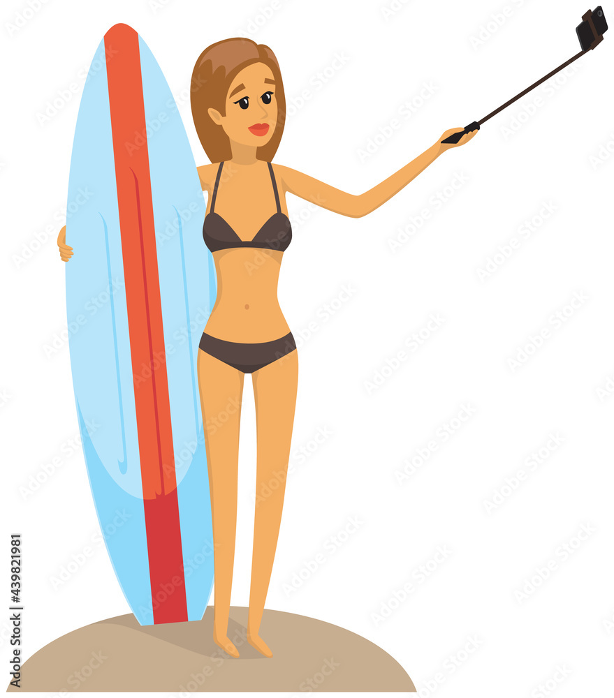 Girl is having summer vacation and surfing. Woman in swimsuit is photographed on phone camera. Lady with smartphone is posing for self portrait. Female character holding surfboard is making selfie Girl is having summer vacation and surfing. Woman in swimsuit is photographed on phone camera. Lady with smartphone is posing for self portrait. Female character holding surfboard is making selfie