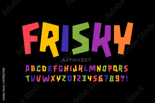 Playful style font design, colorful childish frisky alphabet, letters and numbers vector illustration photo