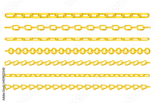 Set of realistic gold chains. Luxury golden links of different shapes for necklace or bracelet isolated on white background. Metallic frames collection. Vector illustration EPS10