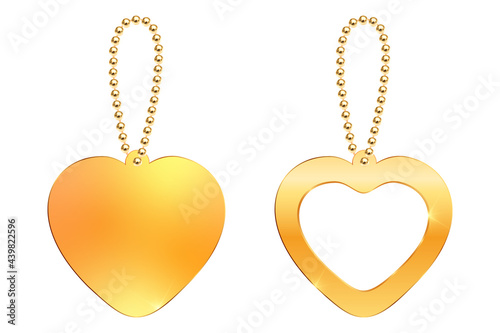 Beautiful keychain with heart pendant on a gold chain. Realitic necklace or bracelet in gold setting isolated on white background. Set of decorations for women. Love symbol. Vector illustration EPS10