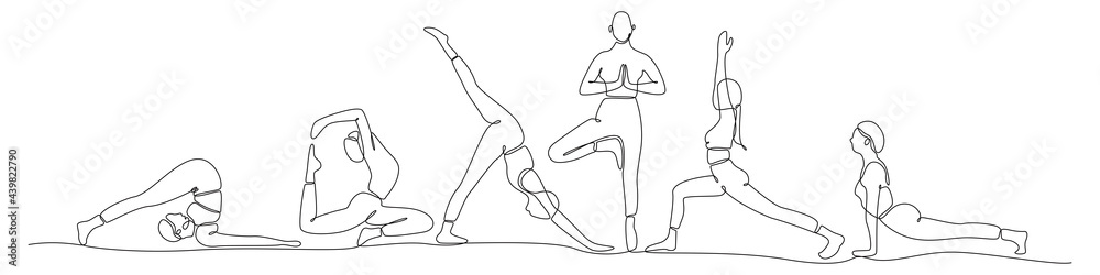 continuous line drawing set of women exercising yoga vector illustration - obrazy, fototapety, plakaty 