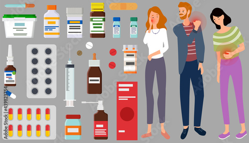 Sad people suffering from pain stand next to medicines, tablets, ointments for treatment of diseases. Painful sensations of sick characters. Men and women grabs their hands to sore body parts