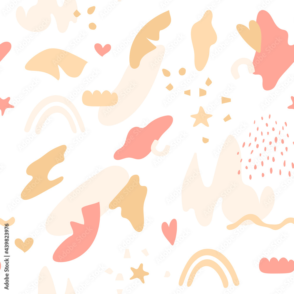 Abstract liquid shapes, seamless pattern in pastel colors. Festive, holiday art background with leaves, stars, hearts, rainbow, brush textures. Hand drawn illustration in modern, trendy style.