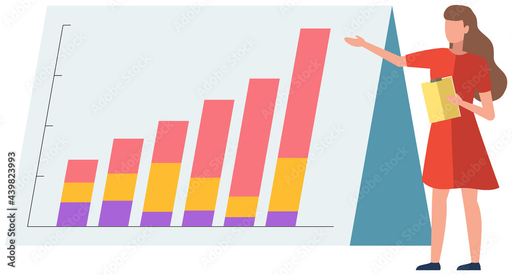 Woman shows data analysis on banner. Girl with clipboard looks at diagrams. Female character presents statistical calculations shown on poster. Statistical indicators and text on science billboard Woman shows data analysis on banner. Girl with clipboard looks at diagrams. Female character presents statistical calculations shown on poster. Statistical indicators and text on science billboard