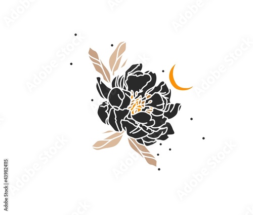 Hand drawn vector abstract stock flat graphic illustration with logo element of line flower art,black silhouette of peony and moon isolated on white background.Sacred magic boho feminine concept