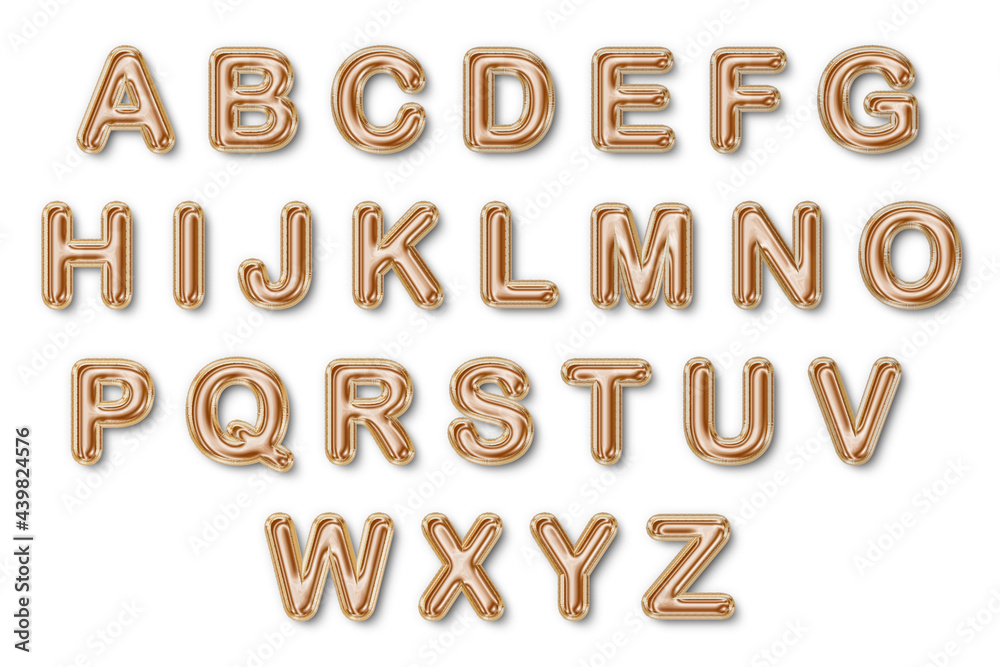 3D gold foil balloon uppercase text A B C D E F G H I G K L M N O P Q R S T U V W X Y Z (A-Z). On isolated white background. Illustration design.