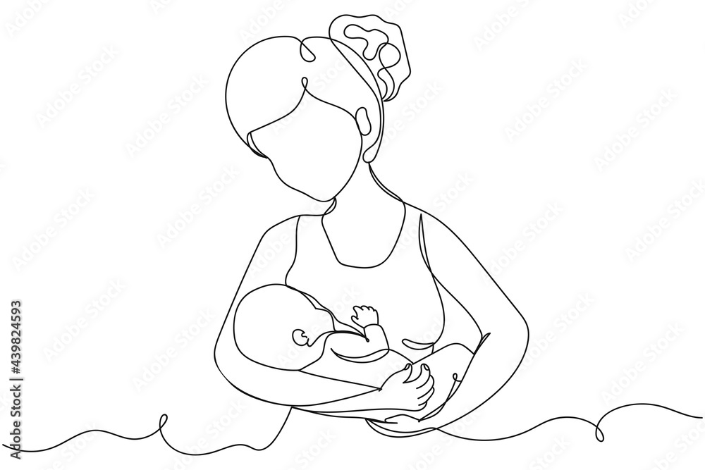 Continuous one line of beautiful mother breastfeeding her baby child in silhouette on a white background. Linear stylized.Minimalist. Continuous one line of beautiful mother breastfeeding her baby child in silhouette on a white background. Linear stylized.Minimalist.