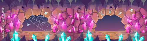 Fantasy cave with crystals, spiders and runes. Exit from the cave.Illustration in cartoon style for games. Seamless background.