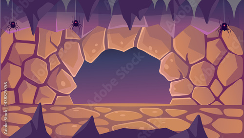 Fantasy cave with spiders. Exit from the cave.Illustration in cartoon style for games. Seamless background.