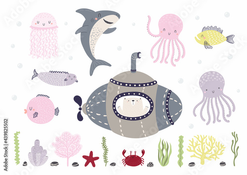 Cute underwater animals, fish, plants, submarine clipart set, isolated on white. Hand drawn vector illustration. Sea ocean elements. Scandinavian style flat design. Concept kids fashion print, poster