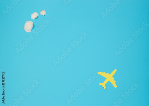 Top view of a yellow paper plane and some shells. Light blue background