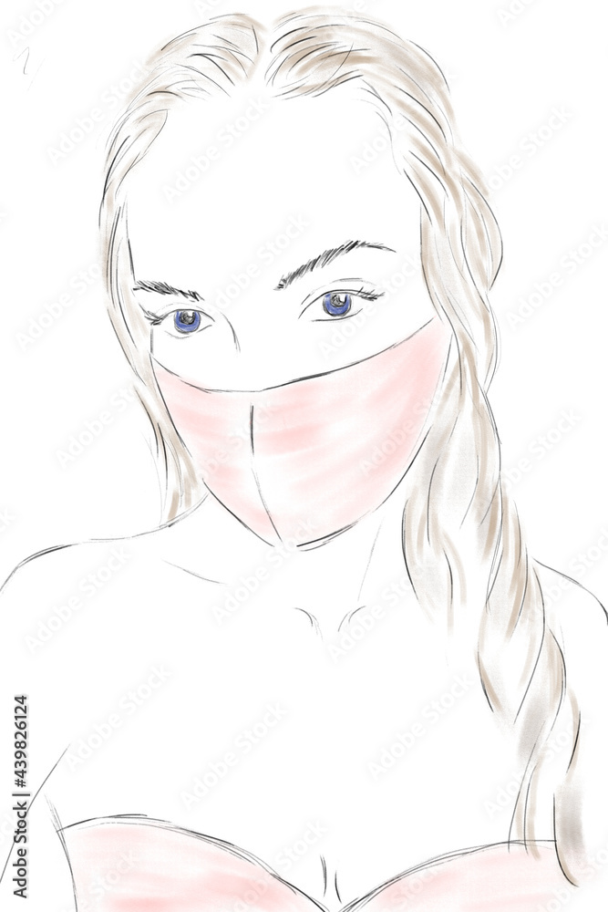 Hand-drawn digital fashion illustration. Beautiful woman in red medical mask. Simple illustration